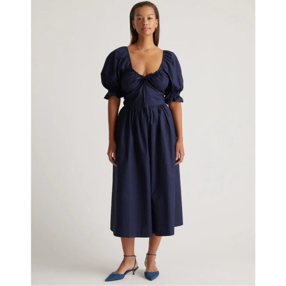 QUINCE Navy Blue Midi Dress Cotton Puff Sleeve V Neck Pockets Stretch Med